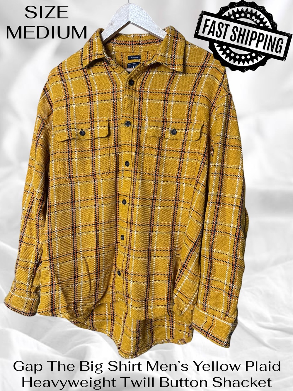 Gap The Big Shirt Mens Size Medium Yellow Plaid Heavyweight Twill Button Shacket